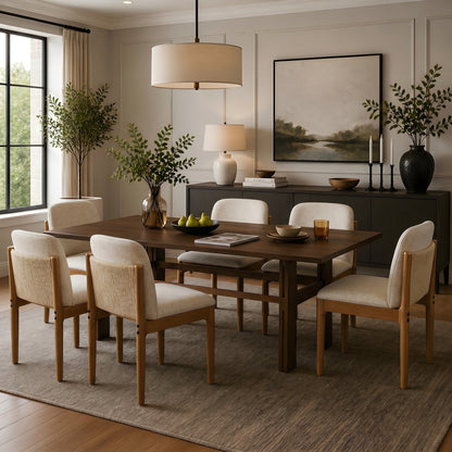 Hawley Walnut & Beige 7-Piece Dining Set – 71" Table with 6 Brass-Accent Chairs