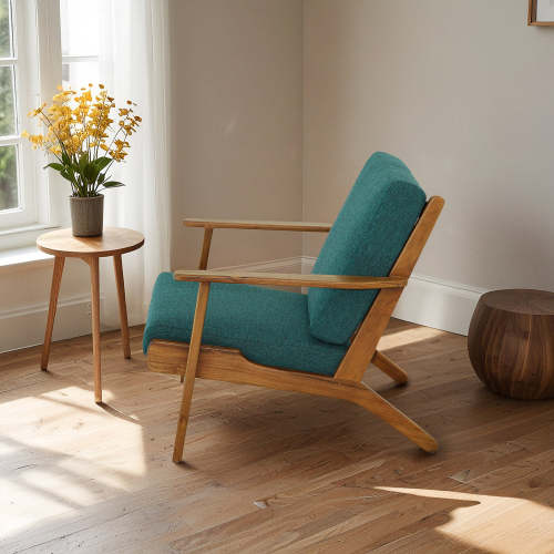 Connor Solid Wood Linen Armchair – Mid-Century Modern Lounge Chair (4 Colors) in cozy living space with plants.