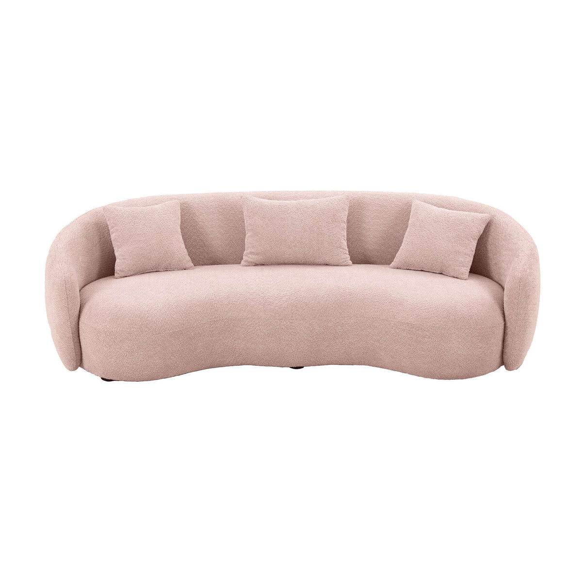 Modern Boucle Curved Sofa 94" – Sculptural 3-Seater Upholstered Couch (4 Colors) in soft pink boucle fabric.