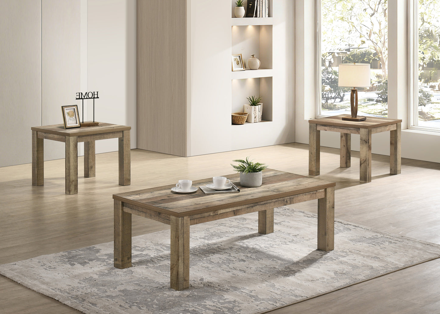 Sutter Weathered Wood Table Set – 3-Piece Brown Coffee & End Table Set