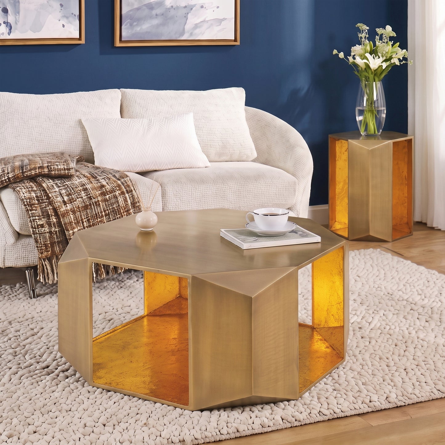 Nerissa Antique Brass Aluminum Coffee Table Set – 2-Piece Geometric Coffee & End Table