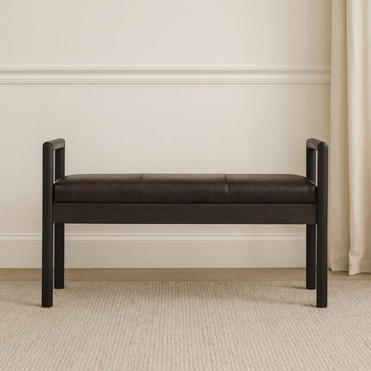 Gridline Black Leather Bench – 43.3" Upholstered Solid Wood Bench