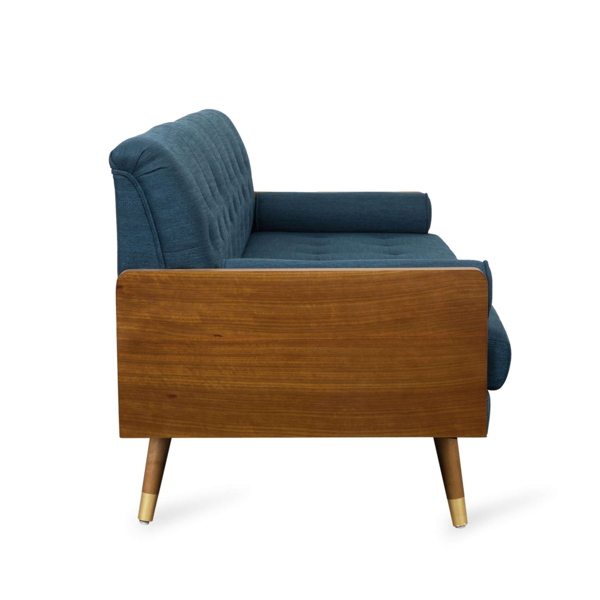 Modern Tufted Fabric Loveseat Sofa 72" – Compact 2-Seater Couch for Small Spaces, showing side view with blue upholstery and wood accents.