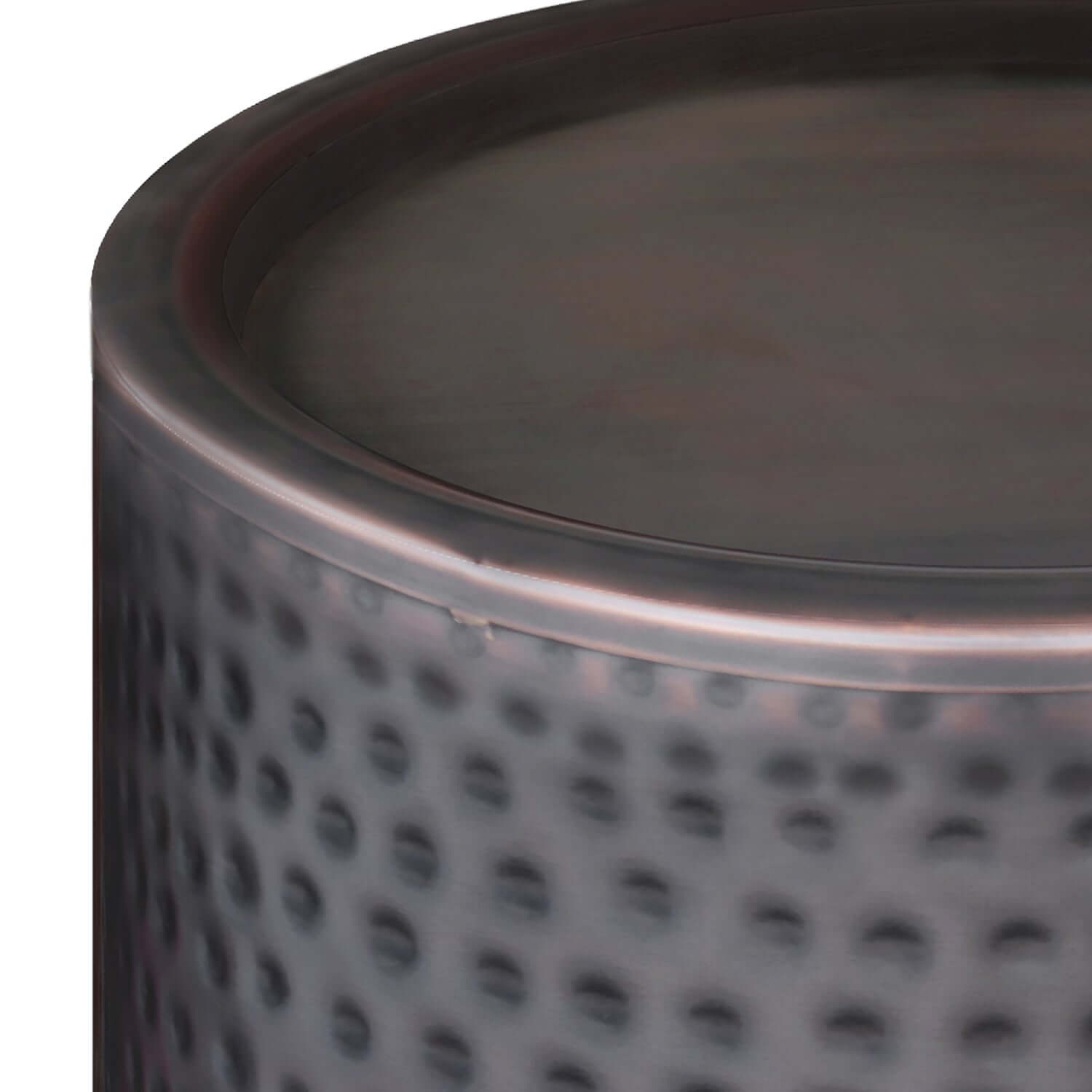 Corbin Hammered Antique Metal Cylindrical Side Table in rich antique copper finish, showcasing a hand-hammered texture.