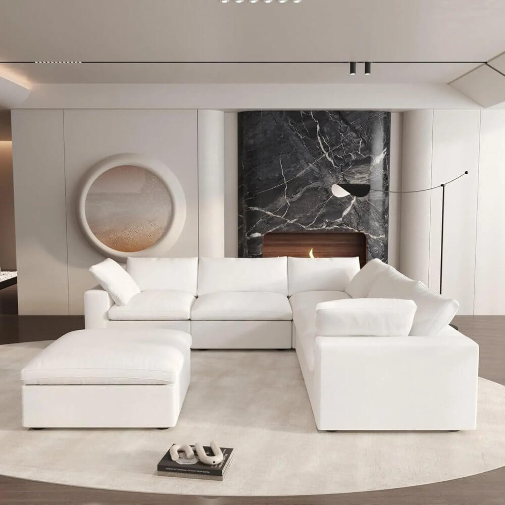 White Linen Blend Modular L Shaped Six Piece Corner Sectional in modern living room with fireplace and elegant decor.
