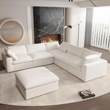 White Linen Blend Modular L Shaped Six Piece Corner Sectional in a modern living room setting.