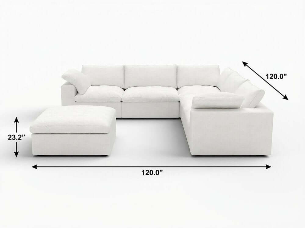 White Linen Blend Modular L Shaped Six Piece Corner Sectional dimensions with modular pieces and measurements.