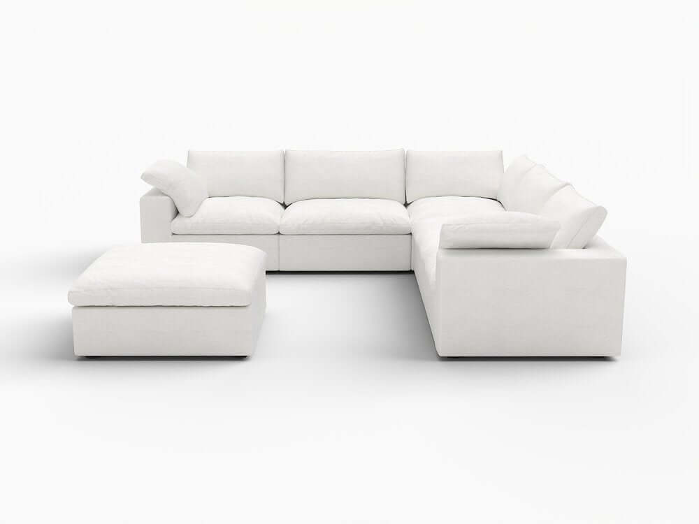 White Linen Blend Modular L Shaped Six Piece Corner Sectional with sleek design and plush seating.