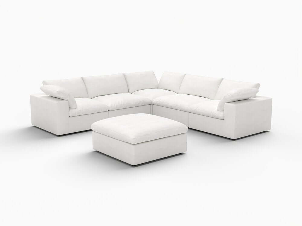 White Linen Blend Modular L Shaped Six Piece Corner Sectional with plush cushions and ottoman on a clean background.
