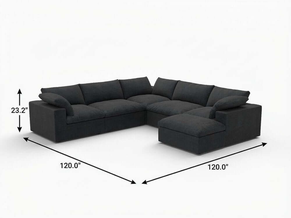 White Linen Blend Modular L Shaped Five Piece Corner Sectional dimensions with labels, showcasing modern sofa design.