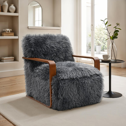 Caius Charcoal Gray Faux Fur Accent Chair – 28.3"W Retro Wood-Arm Accent Chair