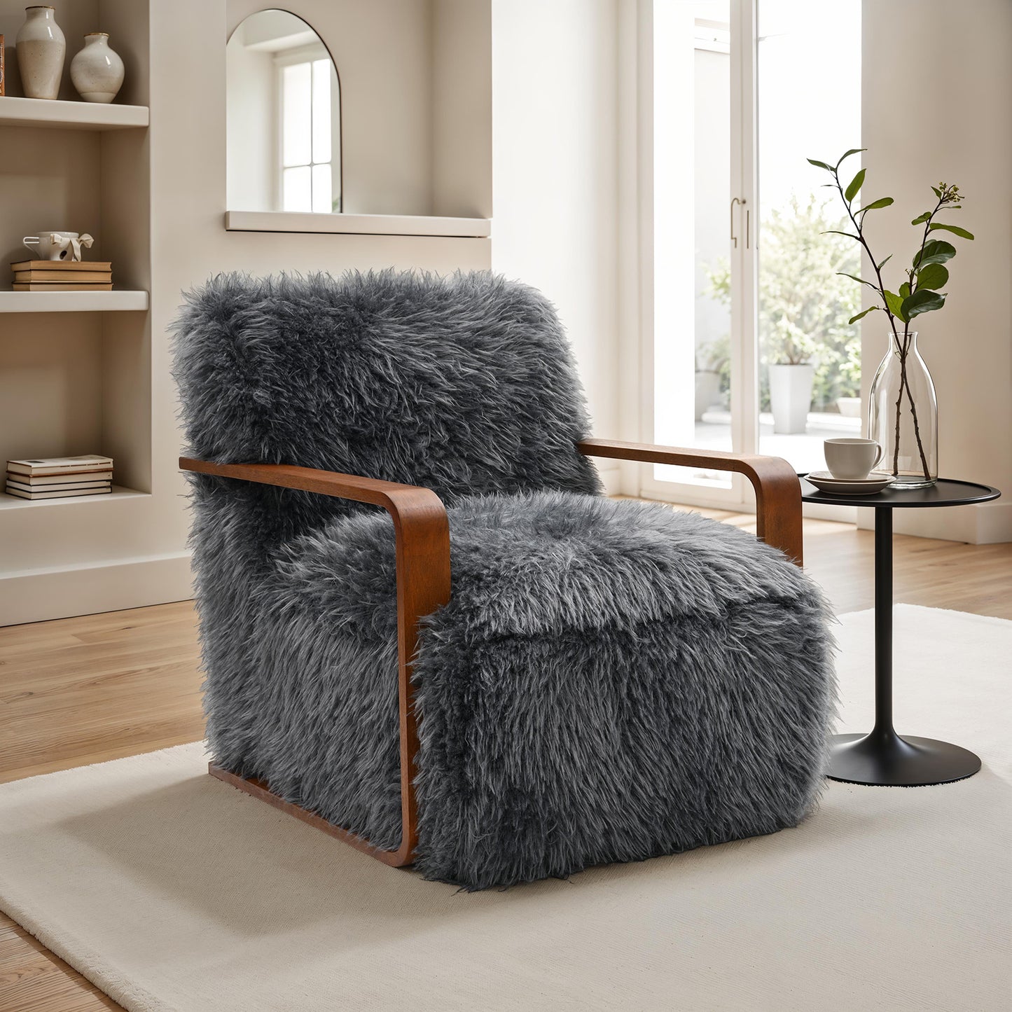 Caius Charcoal Gray Faux Fur Accent Chair – 28.3"W Retro Wood-Arm Accent Chair