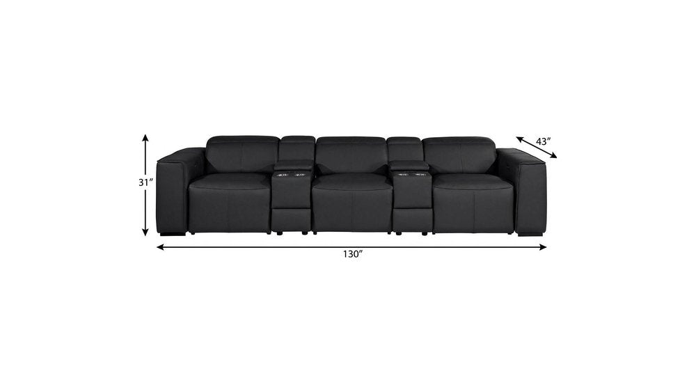 130" Black Top Grain Leather Reclining Metal USB Sofa with measurements showing 130" width.