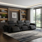 130" Black Top Grain Leather Reclining Metal USB Sofa in a modern living room with stylish decor.
