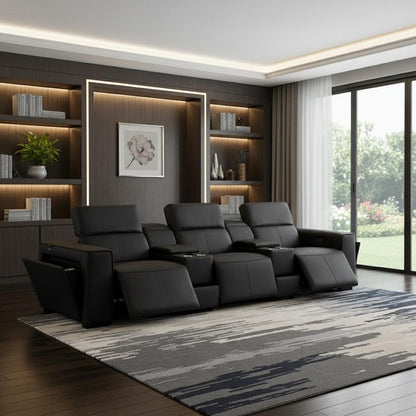 130" Black Top Grain Leather Reclining Metal USB Sofa in a modern living room with stylish decor.