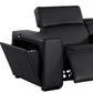 130" Black Top Grain Leather Reclining Metal USB Sofa with hidden storage and cup holder.
