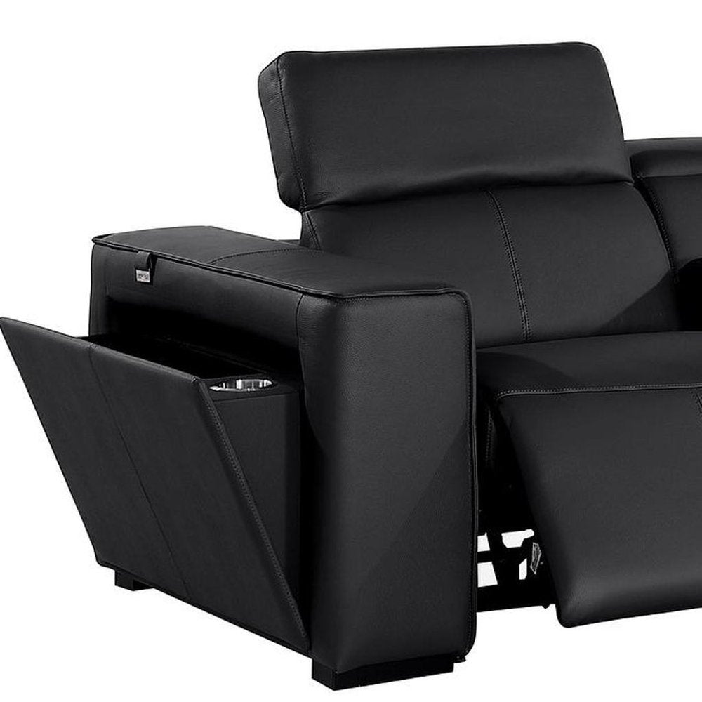 130" Black Top Grain Leather Reclining Metal USB Sofa with hidden storage and cup holder.