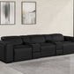 130" Black Top Grain Leather Reclining Metal USB Sofa in a modern living room setting.
