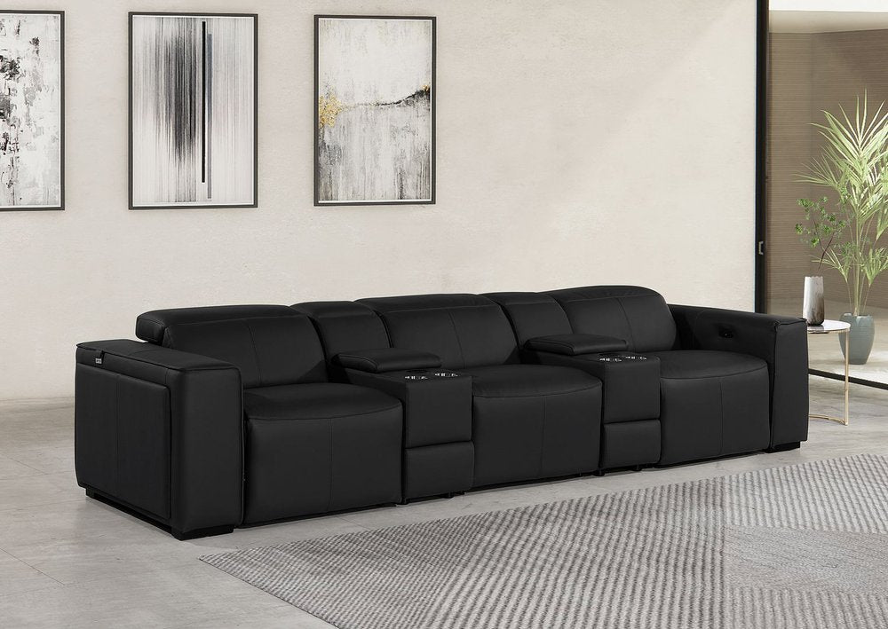 130" Black Top Grain Leather Reclining Metal USB Sofa in a modern living room setting.