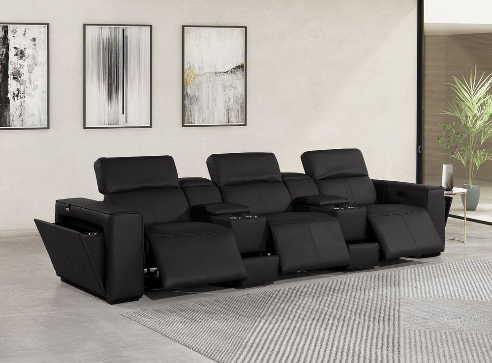 130" Black Top Grain Leather Reclining Metal USB Sofa with plush seating in modern living room setting.