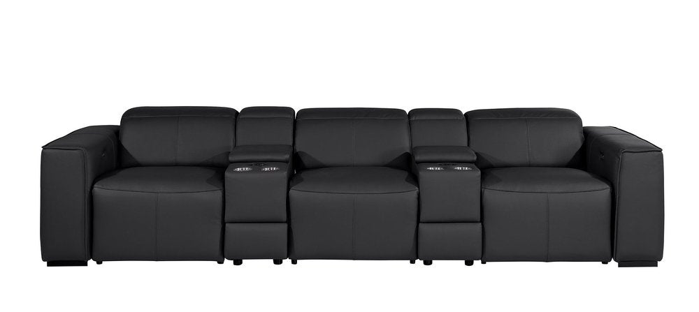 130" Black Top Grain Leather Reclining Metal USB Sofa with cup holders and elegant design.