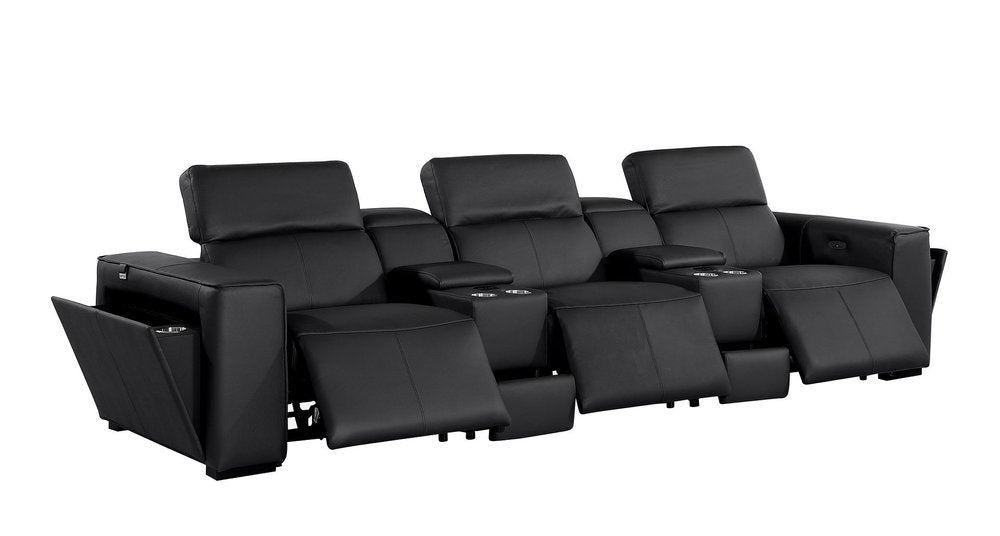 130" Black Top Grain Leather Reclining Metal USB Sofa showcasing sleek design and comfort features.