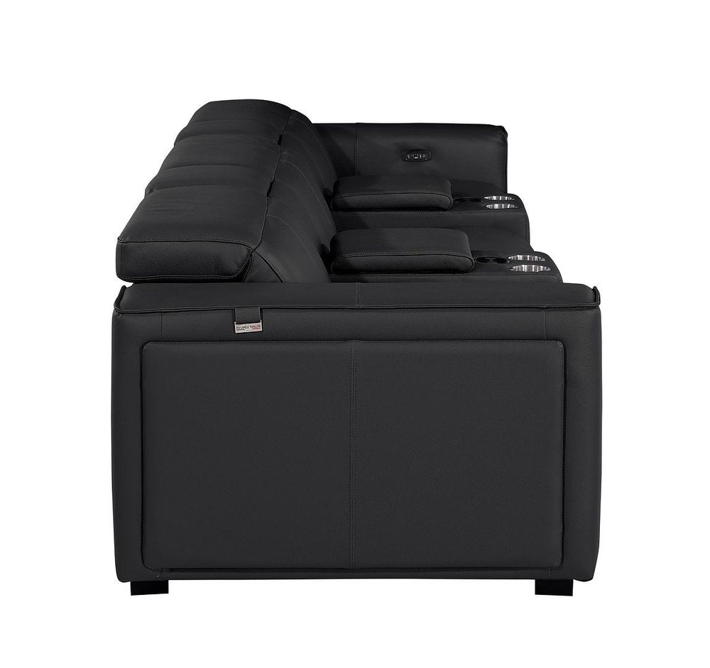 130" Black Top Grain Leather Reclining Metal USB Sofa side view showcasing sleek design and comfortable seating features.