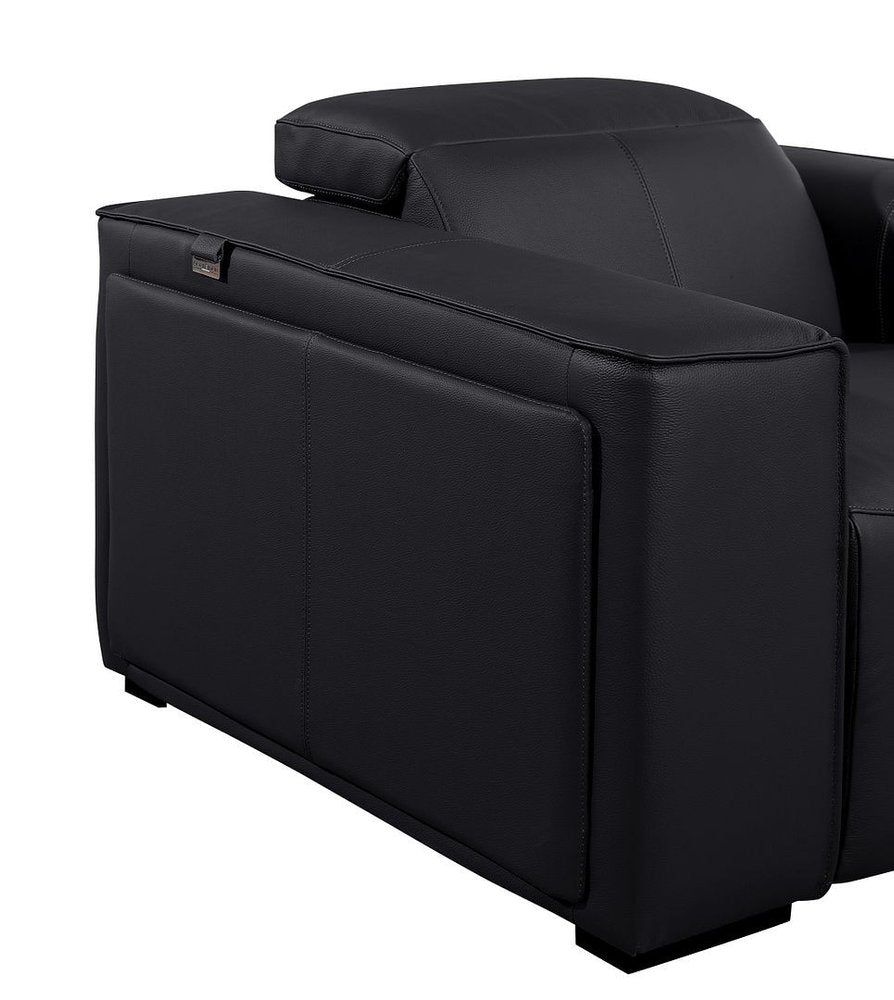 Side view of the 130" Black Top Grain Leather Reclining Metal USB Sofa showcasing its sleek design and premium leather finish.
