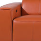 Close-up view of a stylish orange leather sofa corner with sleek design and contemporary appeal.