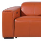 Close-up of the armrest of a 130" Black Top Grain Leather Reclining Metal USB Sofa in orange leather.