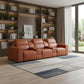 130" Black Top Grain Leather Reclining Metal USB Sofa in a modern living room setting with decorative shelves.