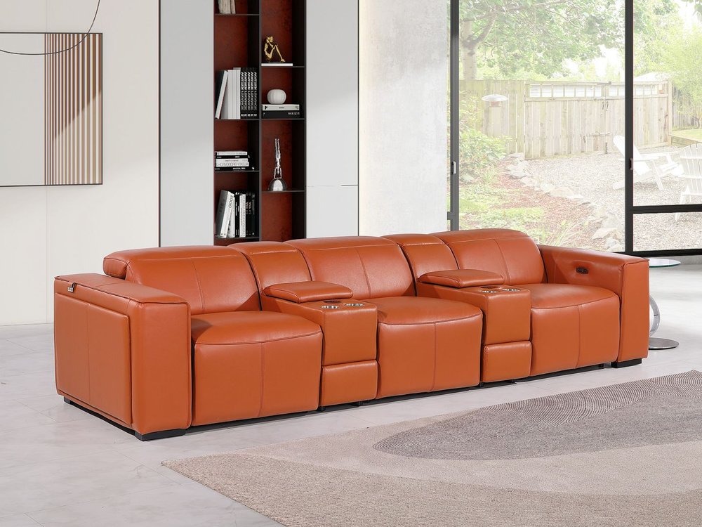 130" Black Top Grain Leather Reclining Metal USB Sofa in an elegant orange color with reclining features and built-in USB.
