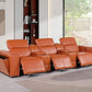 130" Black Top Grain Leather Reclining Metal USB Sofa in modern living room with stylish orange upholstery and reclined seats.