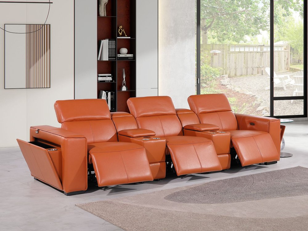 130" Black Top Grain Leather Reclining Metal USB Sofa in modern living room with stylish orange upholstery and reclined seats.