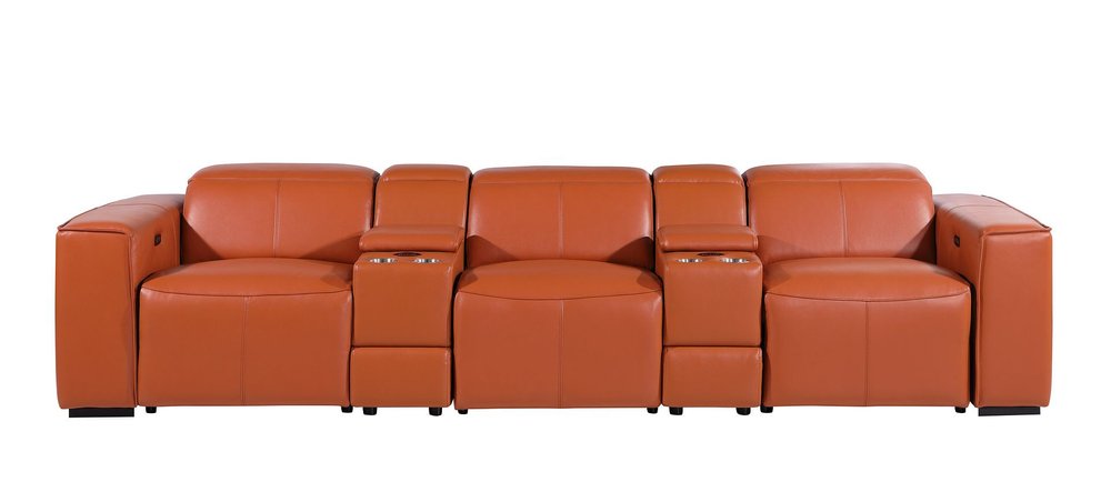 130" Black Top Grain Leather Reclining Metal USB Sofa in a cozy orange color, perfect for luxurious lounging.