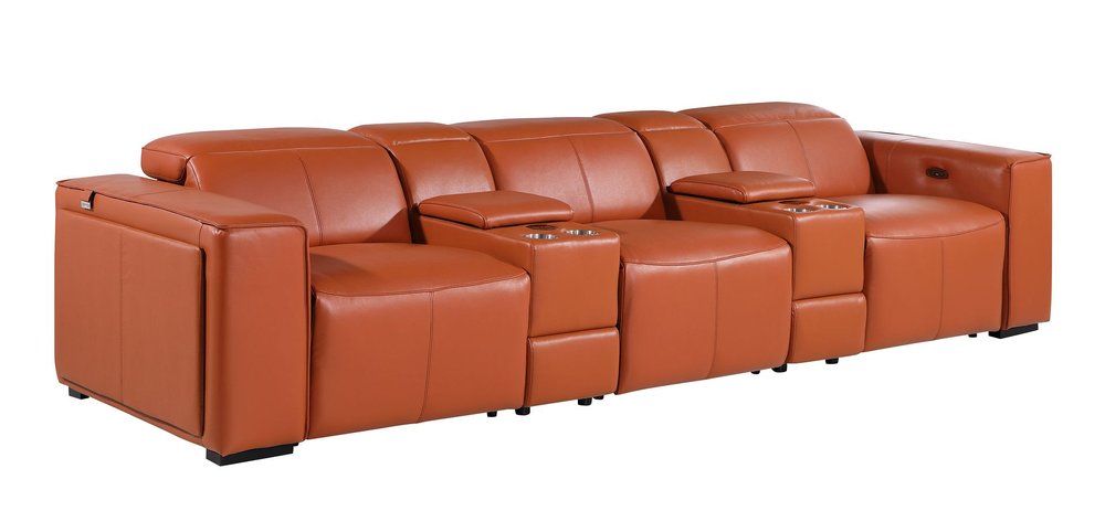 130" Black Top Grain Leather Reclining Metal USB Sofa in luxurious brown leather with cup holders and plush seating.