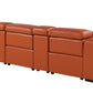 130" Black Top Grain Leather Reclining Metal USB Sofa in a stylish orange color from the back view.