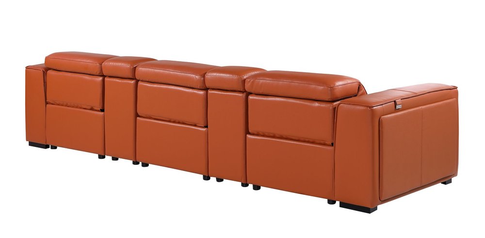 130" Black Top Grain Leather Reclining Metal USB Sofa in a stylish orange color from the back view.