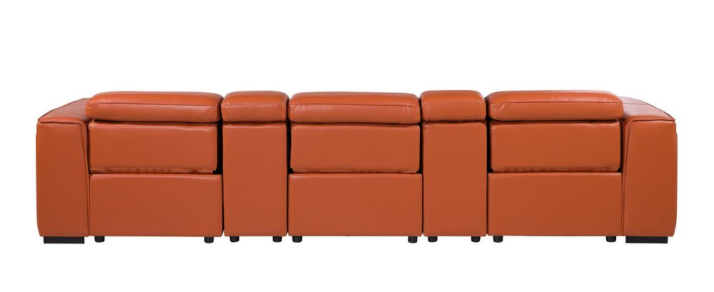 130" Black Top Grain Leather Reclining Metal USB Sofa in elegant orange color, showcasing sleek design and premium comfort.