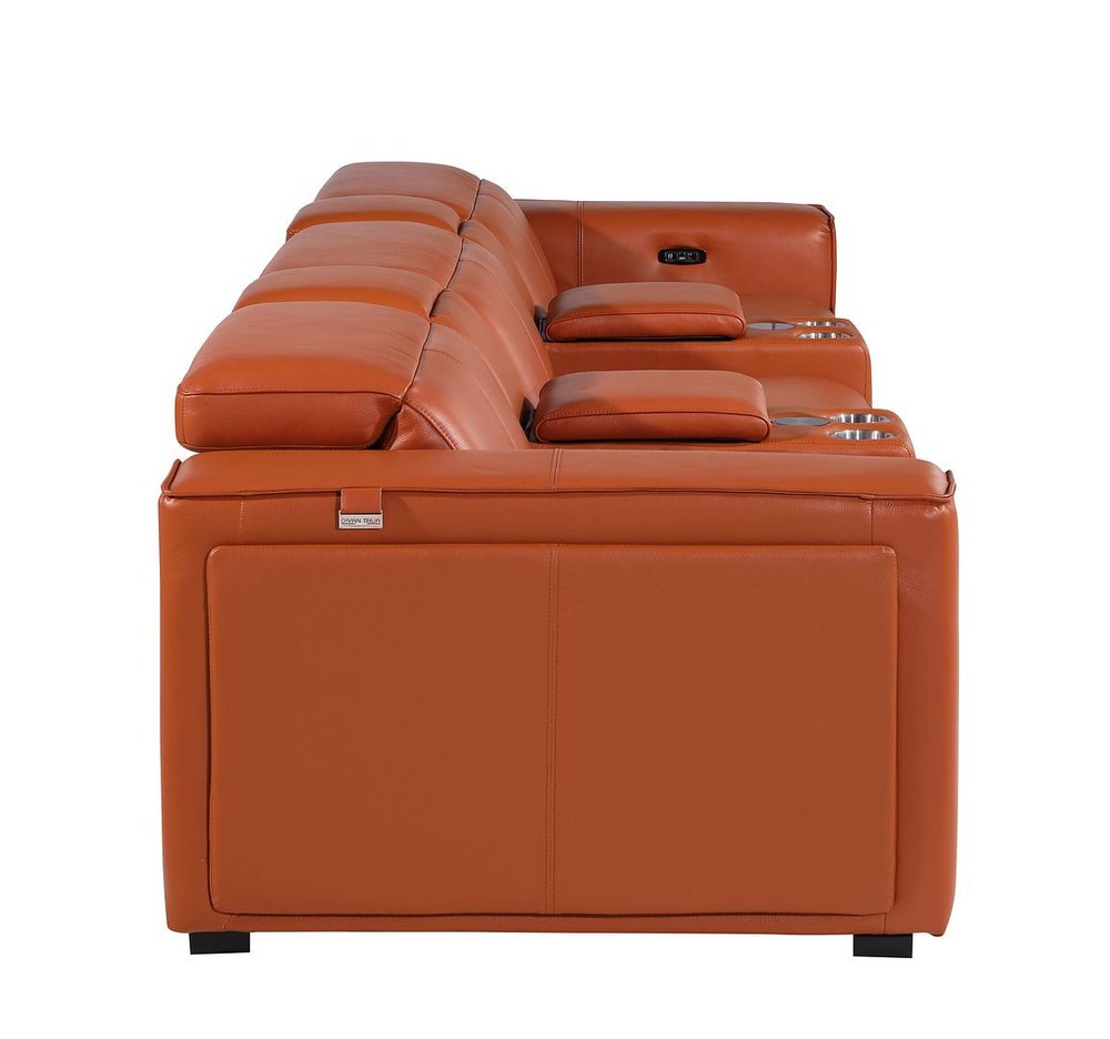 Side view of 130" Black Top Grain Leather Reclining Metal USB Sofa showcasing its luxurious leather and reclining features.