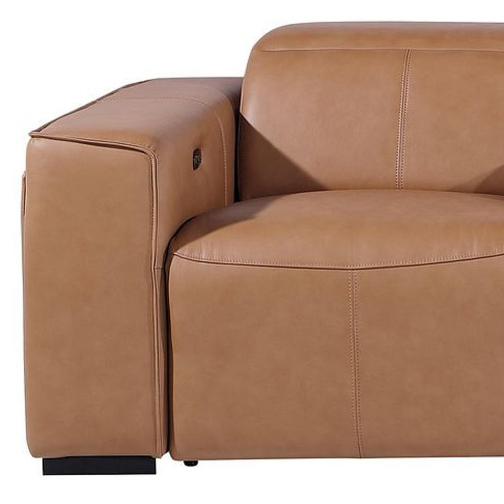 Close-up view of the 130" Black Top Grain Leather Reclining Metal USB Sofa armrest, featuring plush brown leather upholstery.