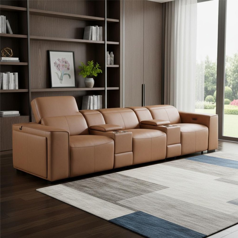 130" Black Top Grain Leather Reclining Metal USB Sofa in a modern living room setting with large windows.