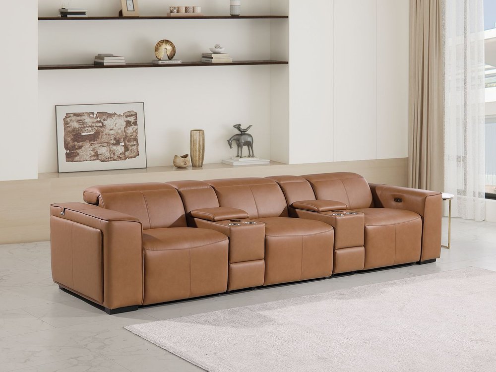 130" Black Top Grain Leather Reclining Metal USB Sofa in a stylish living room setting.