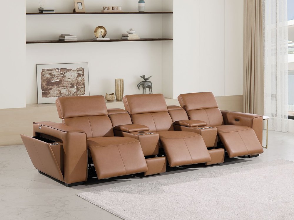 130" Black Top Grain Leather Reclining Metal USB Sofa in a modern living room setting