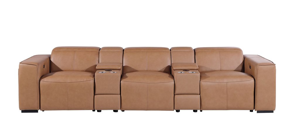130" Black Top Grain Leather Reclining Metal USB Sofa in a stylish design featuring multiple reclining seats.