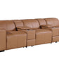 130" Black Top Grain Leather Reclining Metal USB Sofa in a luxurious tan color with cup holders and reclining features.