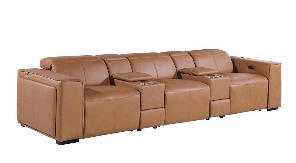 130" Black Top Grain Leather Reclining Metal USB Sofa in a luxurious tan color with cup holders and reclining features.