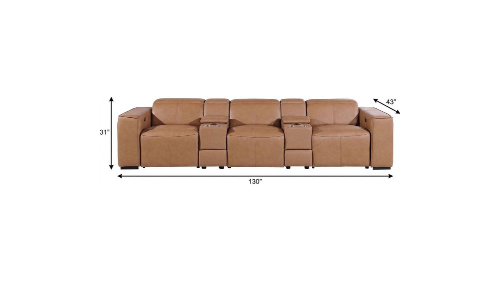 130" Black Top Grain Leather Reclining Metal USB Sofa dimensions and design view.