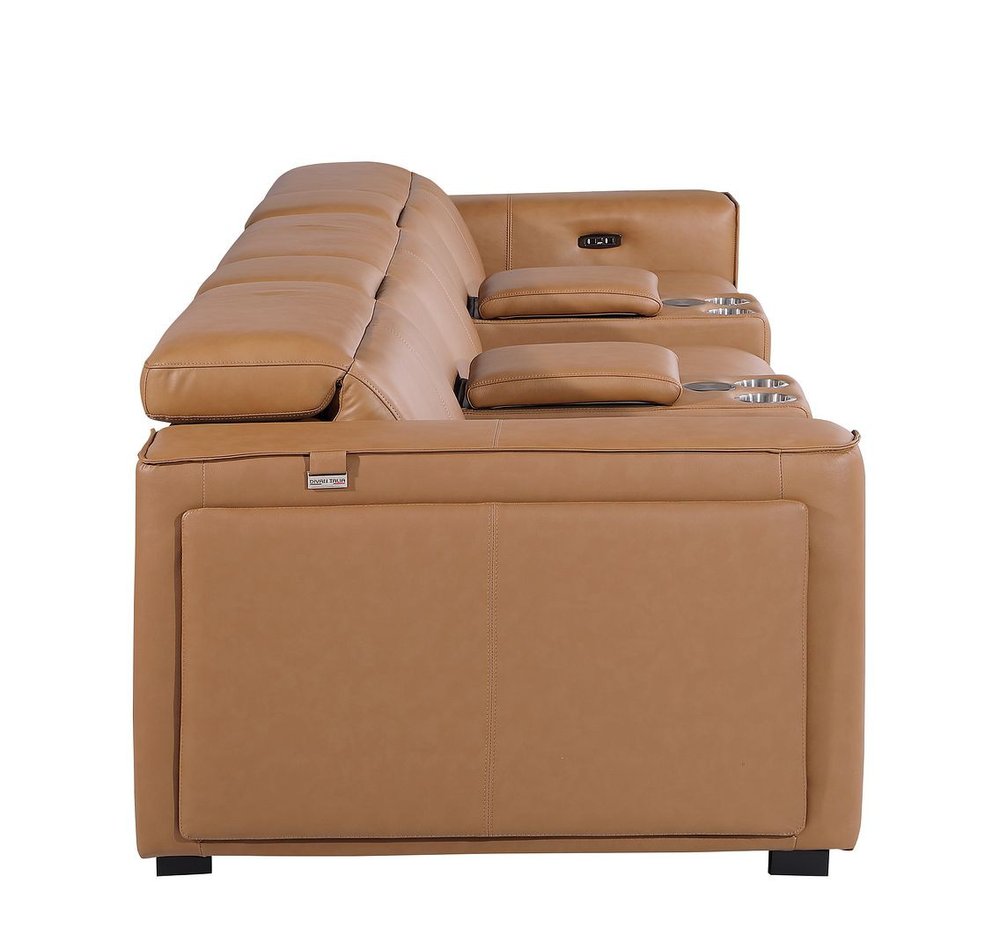 130" Black Top Grain Leather Reclining Metal USB Sofa side view showcasing premium leather and USB features.