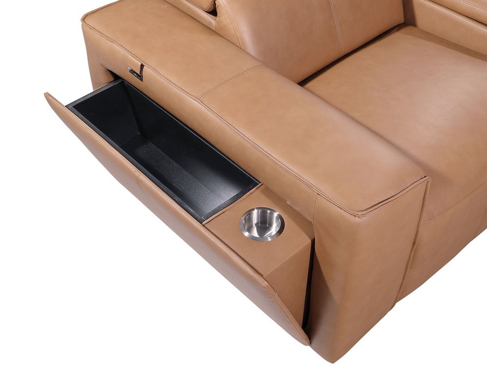 130" Black Top Grain Leather Reclining Metal USB Sofa with built-in storage and cup holder.